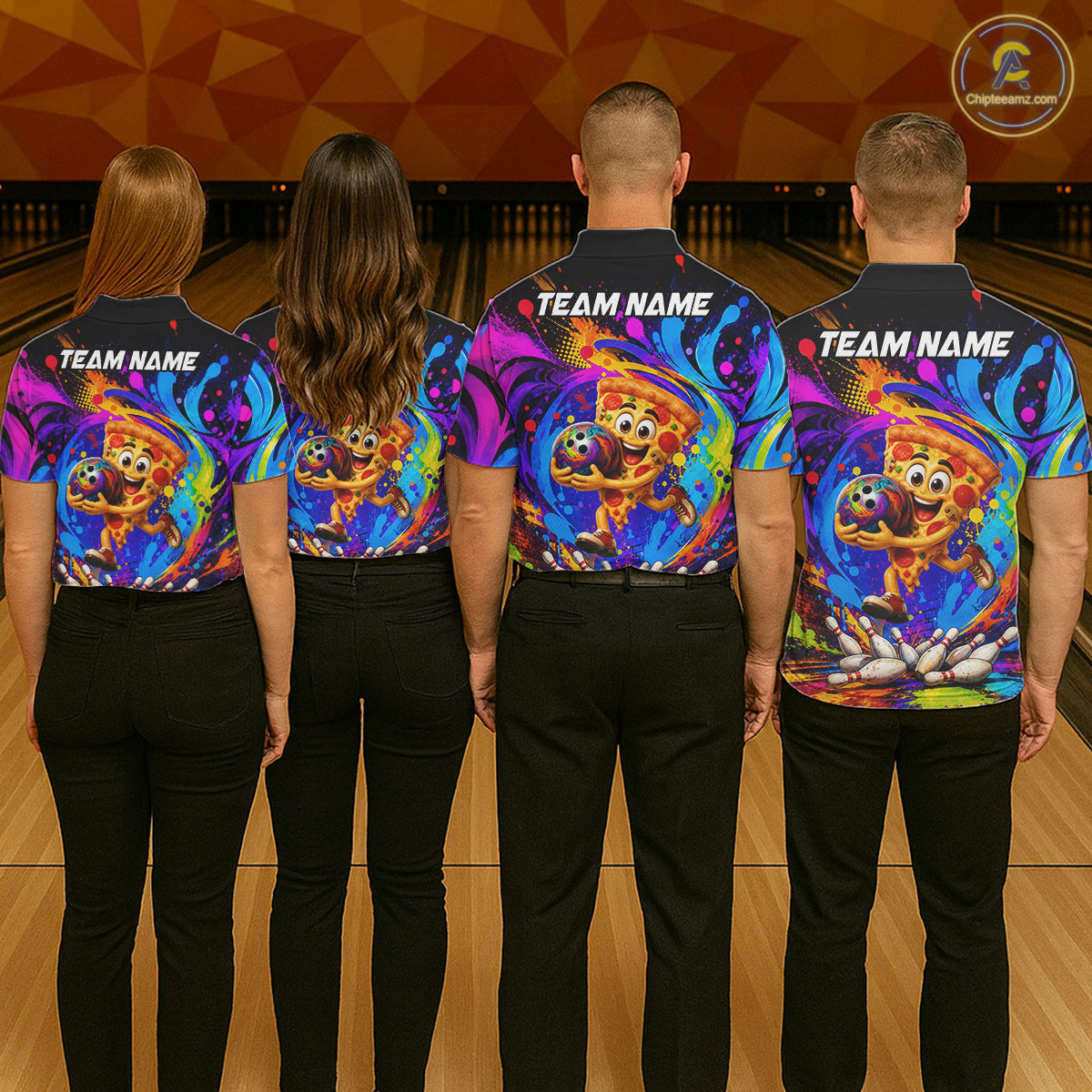 Bowling team wearing matching funny pizza colorful bowling team jerseys, back view.