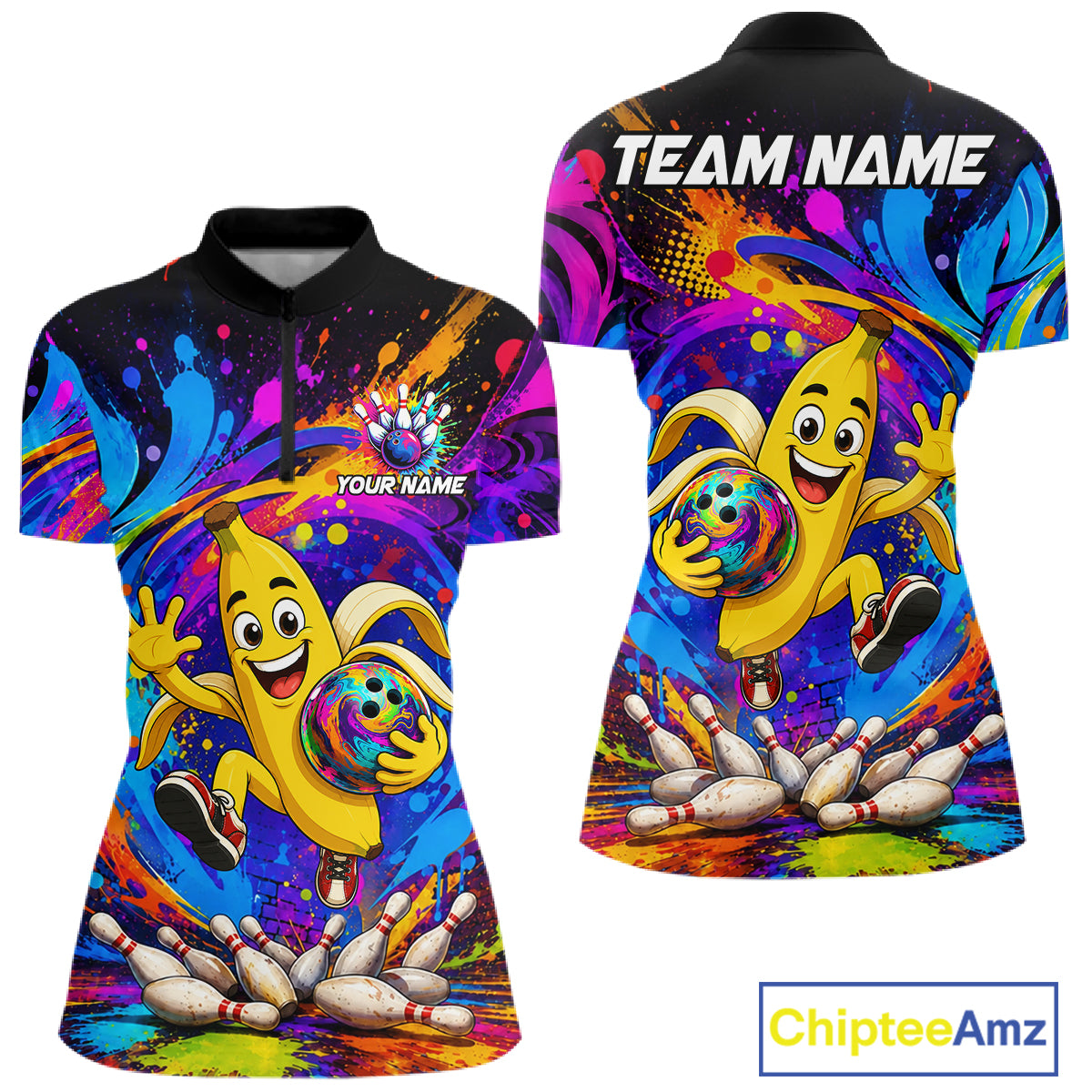Funny banana colorful bowling team jersey quarter zip shirt for women featuring colorful funny banana bowling artwork, premium custom bowling apparel.