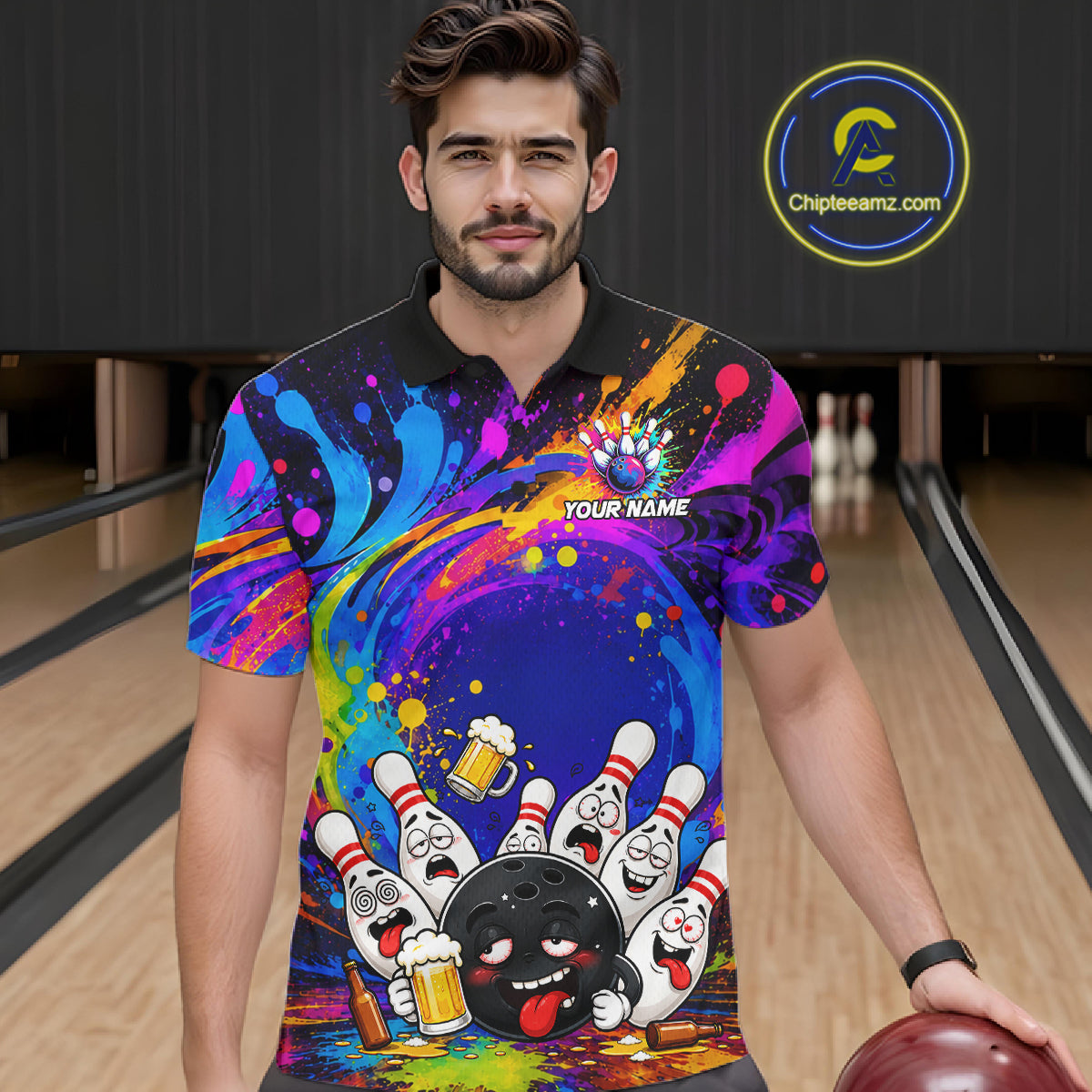 Man wearing funny drunk bowling pins colorful bowling team jersey polo shirt featuring colorful drunk bowling pins artwork, front view.