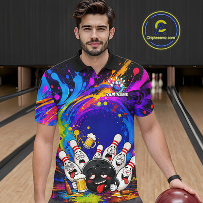 Man wearing funny drunk bowling pins colorful bowling team jersey polo shirt featuring colorful drunk bowling pins artwork, front view.