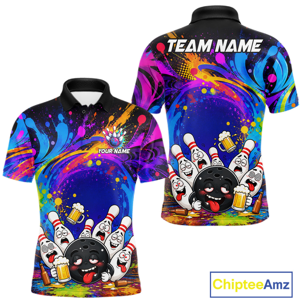 Funny drunk bowling pins colorful bowling team jersey polo shirt for men featuring hilarious drunk bowling pins artwork, premium custom bowling league apparel and unique bowling gifts.