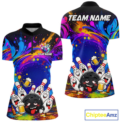 Funny drunk bowling pins colorful bowling team jersey quarter zip shirt for women featuring colorful drunk bowling pins artwork, premium custom bowling apparel.