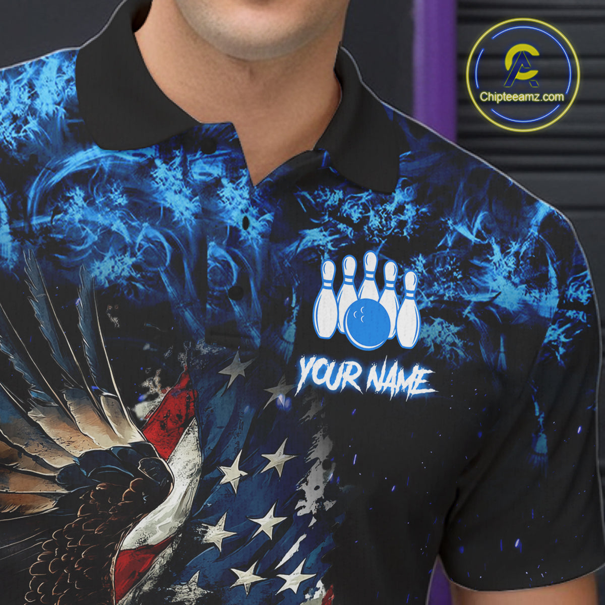 Close-up of blue flame American flag eagle bowling team jersey polo shirt featuring collar, buttons and patriotic eagle American flag artwork.