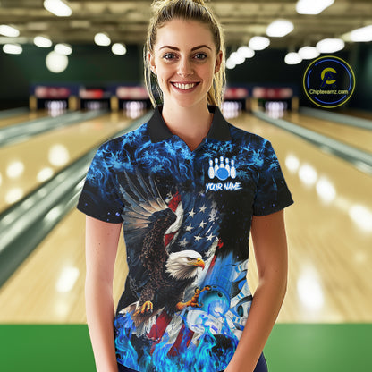 Woman wearing blue flame American flag eagle bowling team jersey polo shirt featuring patriotic eagle and American flag artwork, front view.
