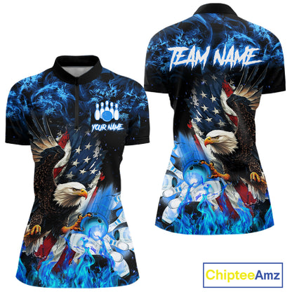 Blue flame American flag eagle bowling team jersey quarter zip shirt for women featuring a patriotic eagle and American flag design, premium custom bowling league apparel.