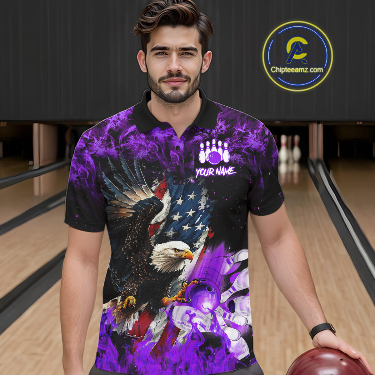 Man wearing purple flame American flag eagle bowling team jersey polo shirt featuring patriotic eagle and American flag artwork, front view.
