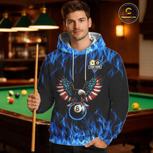 Load image into Gallery viewer, Blue Flaming American Flag Eagle 8 Ball &amp; 9 Ball Pool Hoodie Custom Billiard Hoodie Team Jersey TDM5652