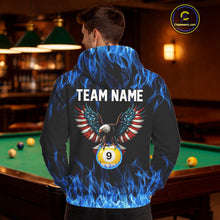 Load image into Gallery viewer, Blue Flaming American Flag Eagle 8 Ball &amp; 9 Ball Pool Hoodie Custom Billiard Hoodie Team Jersey TDM5652