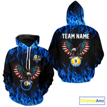 Load image into Gallery viewer, Blue Flaming American Flag Eagle 8 Ball &amp; 9 Ball Pool Hoodie Custom Billiard Hoodie Team Jersey TDM5652