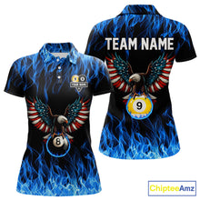 Load image into Gallery viewer, Blue Flaming American Flag Eagle 8 Ball &amp; 9 Ball Billiard Shirt For Women Custom Pool Team Jersey TDM5652