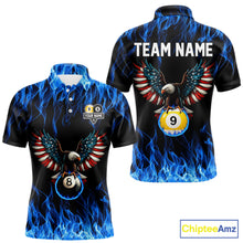 Load image into Gallery viewer, Blue Flaming American Flag Eagle 8 Ball &amp; 9 Ball Billiard Shirt For Men Custom Pool Team Jersey TDM5652