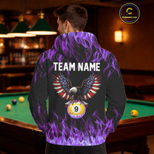 Load image into Gallery viewer, Purple Flaming American Flag Eagle 8 Ball &amp; 9 Ball Pool Hoodie Custom Billiard Hoodie Team Jersey TDM5653