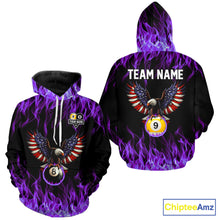 Load image into Gallery viewer, Purple Flaming American Flag Eagle 8 Ball &amp; 9 Ball Pool Hoodie Custom Billiard Hoodie Team Jersey TDM5653
