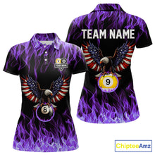 Load image into Gallery viewer, Purple Flaming American Flag Eagle 8 Ball &amp; 9 Ball Billiard Shirt For Women Custom Pool Team Jersey TDM5653
