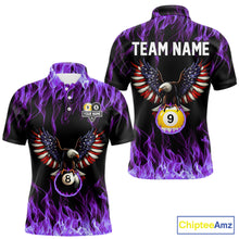 Load image into Gallery viewer, Purple Flaming American Flag Eagle 8 Ball &amp; 9 Ball Billiard Shirt For Men Custom Pool Team Jersey TDM5653