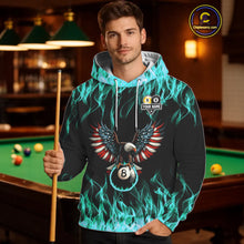Load image into Gallery viewer, Turquoise Flaming American Flag Eagle 8 Ball &amp; 9 Ball Pool Hoodie Custom Billiard Hoodie Team Jersey TDM5654