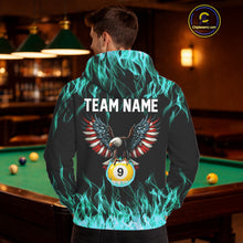 Load image into Gallery viewer, Turquoise Flaming American Flag Eagle 8 Ball &amp; 9 Ball Pool Hoodie Custom Billiard Hoodie Team Jersey TDM5654