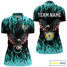 Load image into Gallery viewer, Turquoise Flaming American Flag Eagle 8 Ball 9 Ball Billiard Shirt For Women Custom Pool Team Jersey TDM5654
