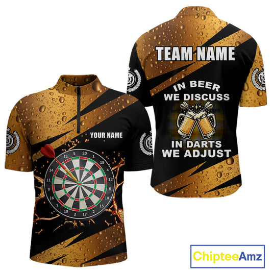 In Beer We Discuss Funny Dart Shirts For Men Custom Beer Dart Jersey Team Polo & Quarter Zip TDM3845