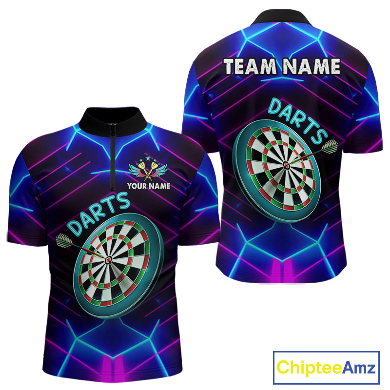 Neon Purple Blue Dart Shirts For Men Custom Glowing Dart Jersey Team Outfit Polo & Quarter Zip TDM3846