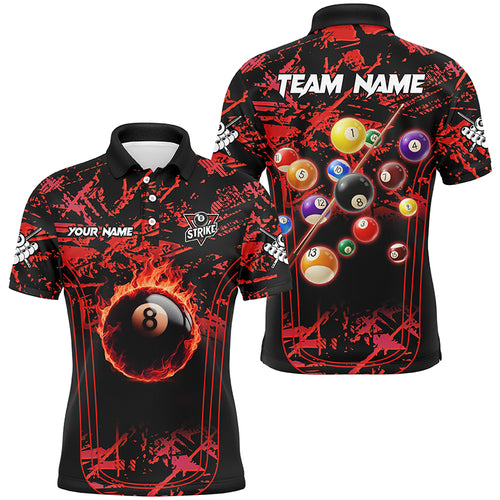 Red Grunge Strike 8 Ball Pool Fire Custom Men Polo & Quarter-Zip Shirt, Billiard Balls Team Jersey TDM1761