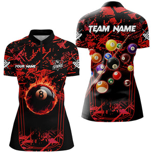 Red Grunge Strike 8 Ball Pool Fire Custom Women Polo & Quarter-Zip Shirt, Billiard Balls Team Jersey TDM1761