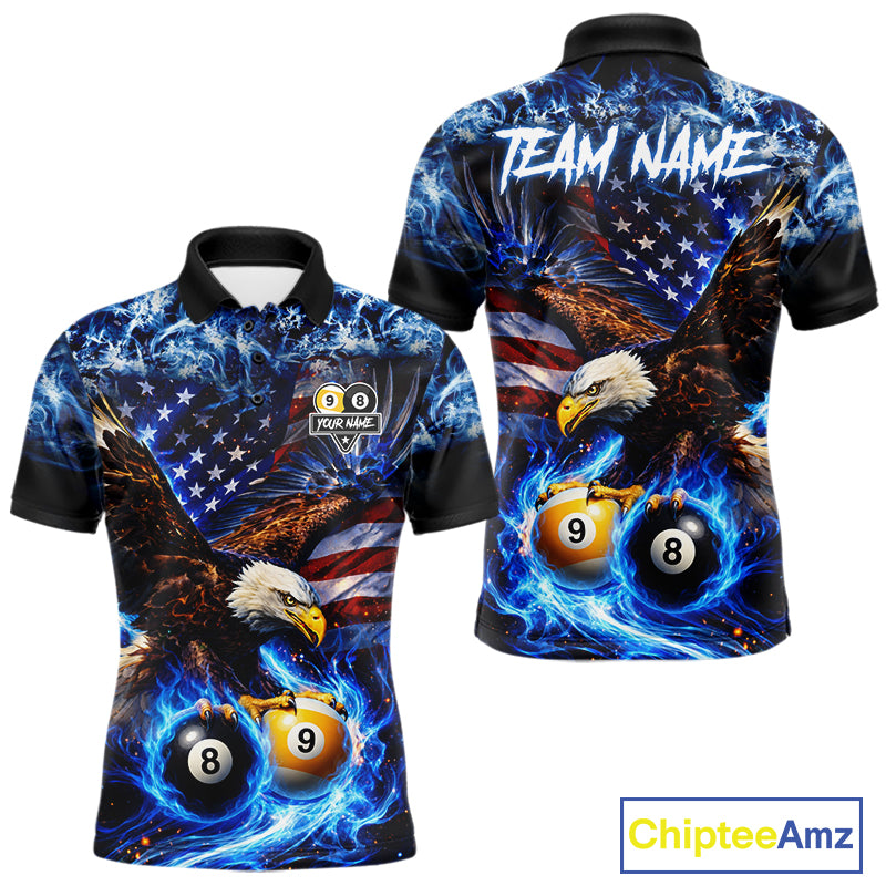 Blue Flaming Eagle 8 Ball 9 Ball Pool Billiard Shirt For Men Custom American Flag Billiard Jersey TDM7161