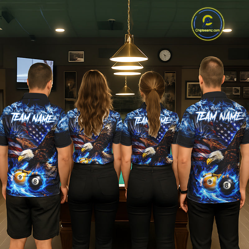 Blue Flaming Eagle 8 Ball 9 Ball Pool Billiard Shirt For Men Custom American Flag Billiard Jersey TDM7161