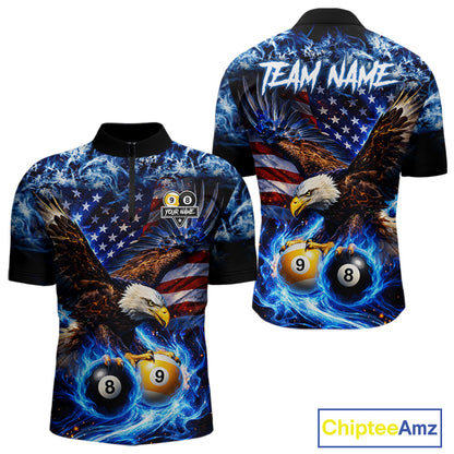 Blue Flaming Eagle 8 Ball 9 Ball Pool Billiard Shirt For Men Custom American Flag Billiard Jersey TDM7161