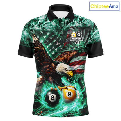 Turquoise Flaming Eagle 8 Ball 9 Ball Pool Billiard Shirt For Men Custom US Flag Billiard Jersey TDM7162