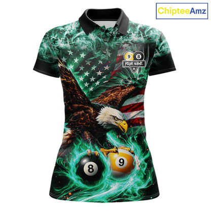 Turquoise Flaming Eagle 8 Ball 9 Ball Pool Billiard Shirt For Women Custom US Flag Billiard Jersey TDM7162