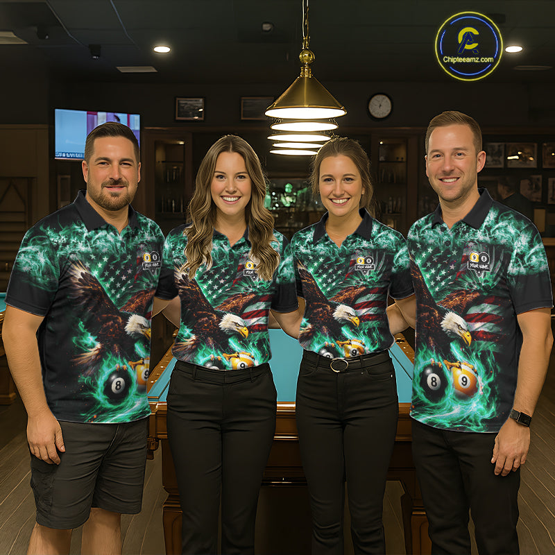 Turquoise Flaming Eagle 8 Ball 9 Ball Pool Billiard Shirt For Women Custom US Flag Billiard Jersey TDM7162