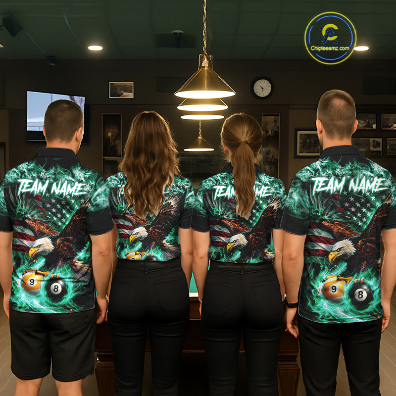 Turquoise Flaming Eagle 8 Ball 9 Ball Pool Billiard Shirt For Women Custom US Flag Billiard Jersey TDM7162