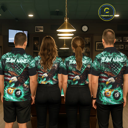 Turquoise Flaming Eagle 8 Ball 9 Ball Pool Billiard Shirt For Women Custom US Flag Billiard Jersey TDM7162