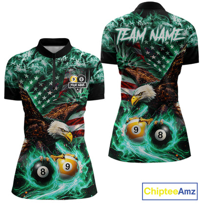 Turquoise Flaming Eagle 8 Ball 9 Ball Pool Billiard Shirt For Women Custom US Flag Billiard Jersey TDM7162