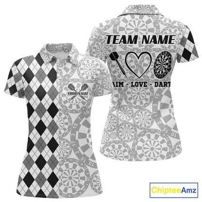 Aim Love Darts Custom Black Argyle Women Darts Polo & 1/4 Shirt, Funny Darts Shirts Dart Team Jersey TDM5662