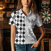 Load image into Gallery viewer, Aim Love Darts Custom Black Argyle Women Darts Polo &amp; 1/4 Shirt, Funny Darts Shirts Dart Team Jersey TDM5662