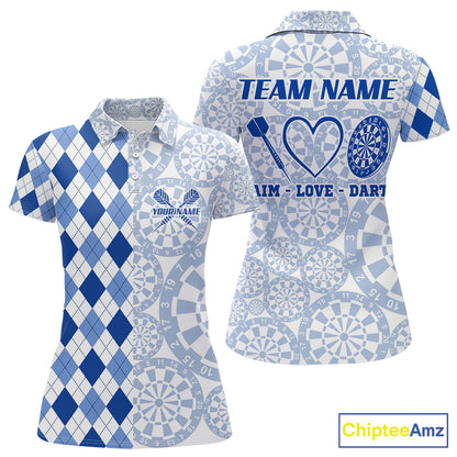 Aim Love Darts Custom Blue Argyle Women Darts Polo & 1/4 Shirts, Funny Darts Shirts Dart Team Jersey TDM5663