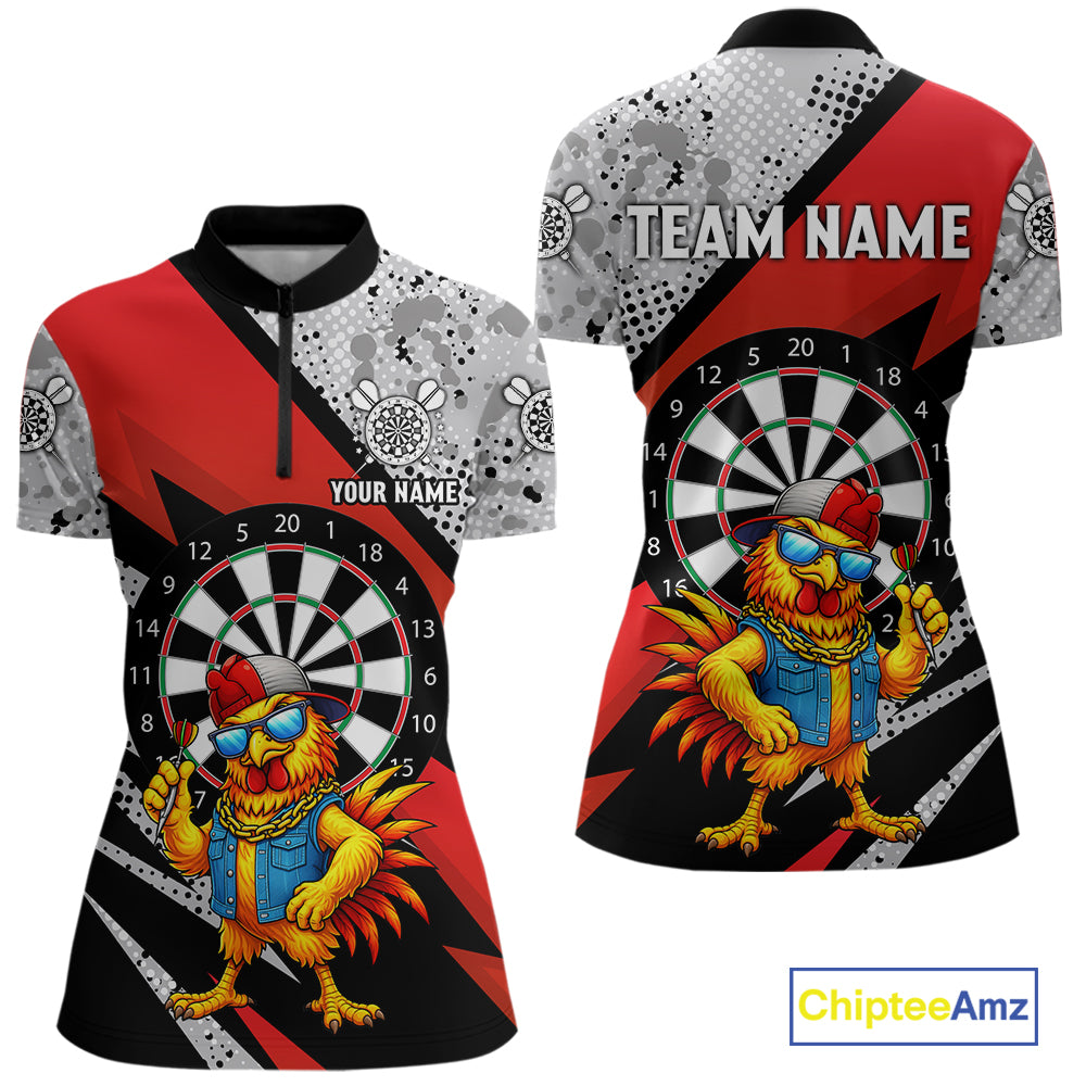 Personalized Rooster Funny Darts Shirt For Women Custom Darts Team Jersey Polo & 1/4 Zip |Red TDM6280