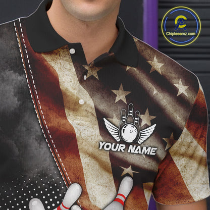 Close-up of a retro American flag bowling polo shirt collar, buttons, and patriotic artwork.