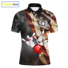 Load image into Gallery viewer, Retro American flag bowling polo shirt for men with patriotic bowling team graphics.