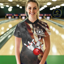 Load image into Gallery viewer, Woman wearing a retro American flag bowling quarter zip jersey during tournament play front view.