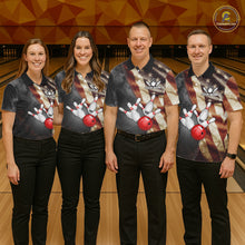 Load image into Gallery viewer, Bowling team wearing matching retro American flag bowling jerseys during league competition front view.