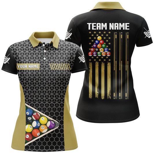 Personalized Retro American Flag Billiard Pool Shirts For Women Custom Yellow Black Billiard Jerseys TDM2172