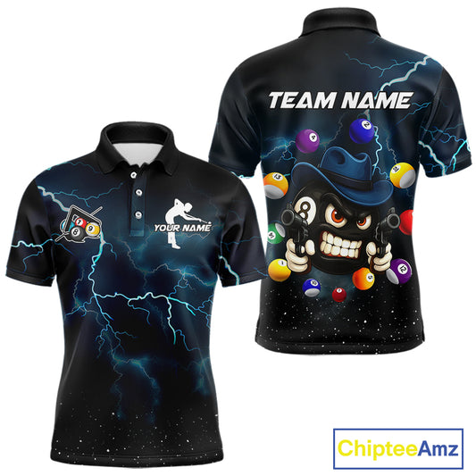 Blue Funny 8 Ball Pool Billiard Shirt For Men Custom Thunder Lightning Billiard Team Jersey TDM5397