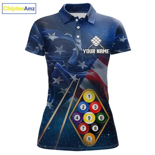 American Flag Blue Galaxy Billiard Shirt For Women Custom 9 Ball Pool Team Jersey Polo & 1/4 Zip TDM5886