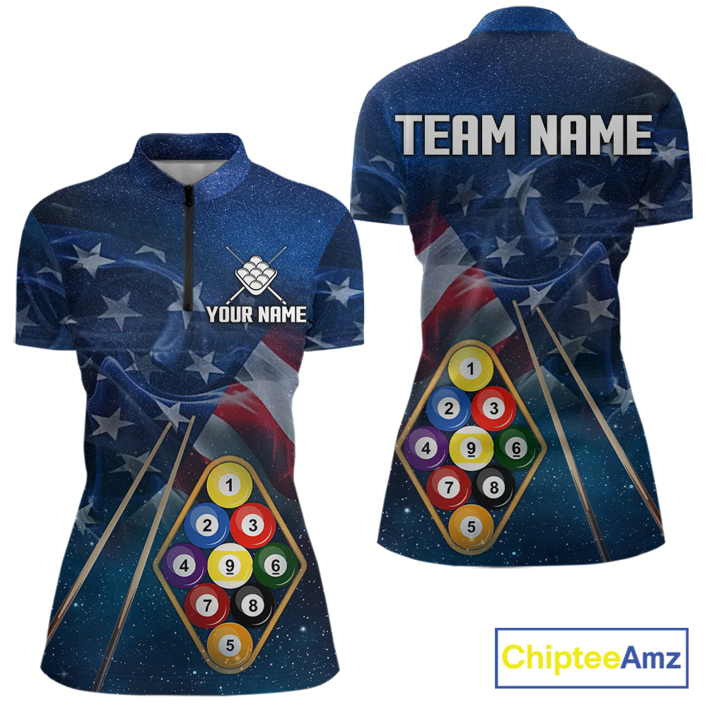 American Flag Blue Galaxy Billiard Shirt For Women Custom 9 Ball Pool Team Jersey Polo & 1/4 Zip TDM5886