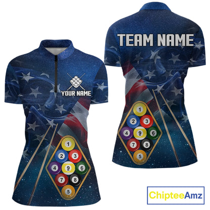 American Flag Blue Galaxy Billiard Shirt For Women Custom 9 Ball Pool Team Jersey Polo & 1/4 Zip TDM5886