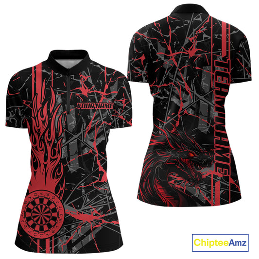 Red Grunge Dart Jerseys For Women, Fire Flame Dart Board Custom Name Dragon Darts League Shirts TDM3857