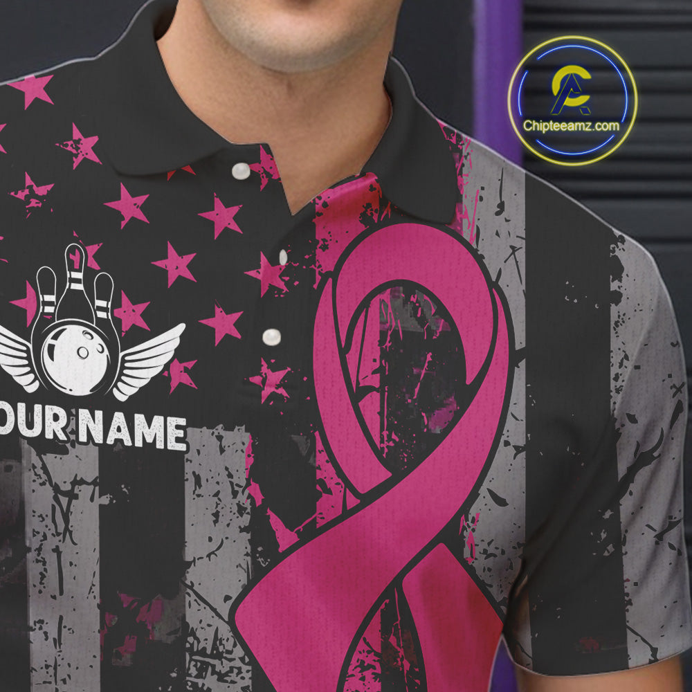 Custom Pink Ribbon Grunge American Flag Bowling Shirt For Men, Breast Cancer Bowling Team Jersey TDM6289
